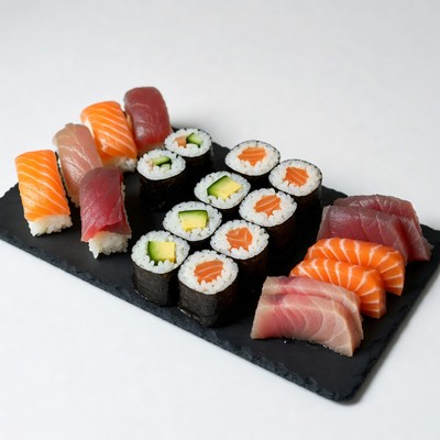 Assorted Sushi Rolls on Slate Board