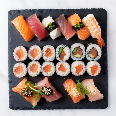 Assorted Sushi Rolls on Slate Board