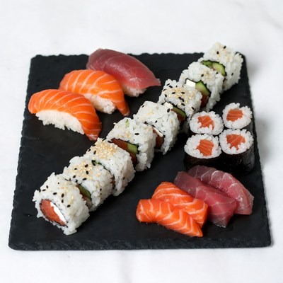 Assorted Sushi on Black Slate