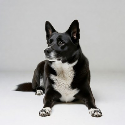 Black and white dog lying on white background