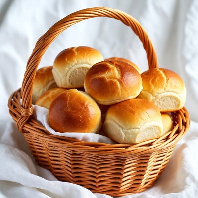 Fresh bread rolls in wicker basket