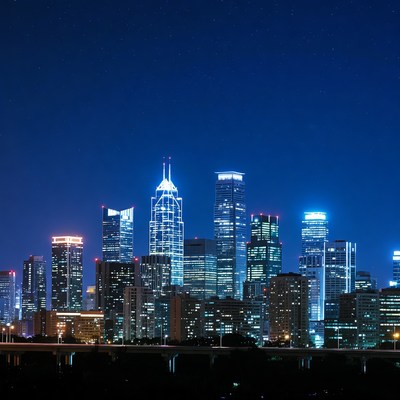 Night Skyline with Skyscrapers and Bridge