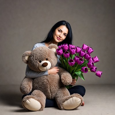 Woman hugging teddy bear with tulips