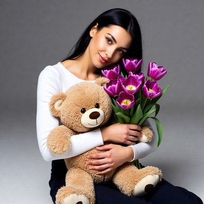 Woman holding teddy bear and tulips