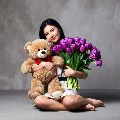 Woman holding teddy bear and tulips