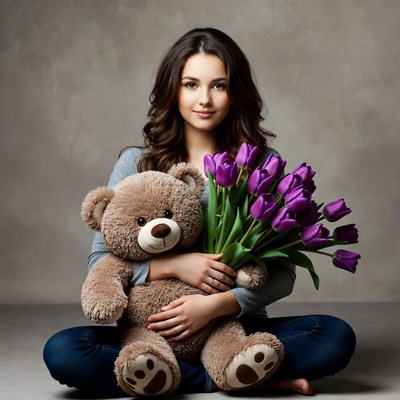Woman holding teddy bear and tulips