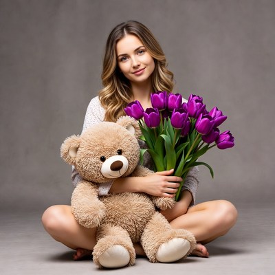 Woman holding teddy bear and purple tulips