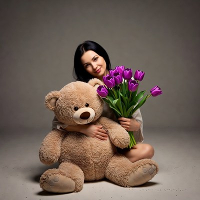 Woman hugging teddy bear with tulips