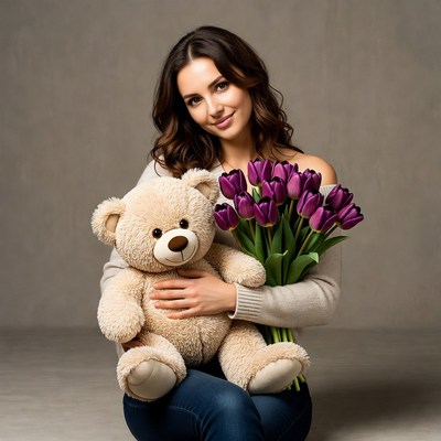 Woman holding teddy bear and tulips