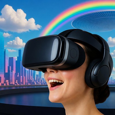 Woman smiling in VR headset with rainbow