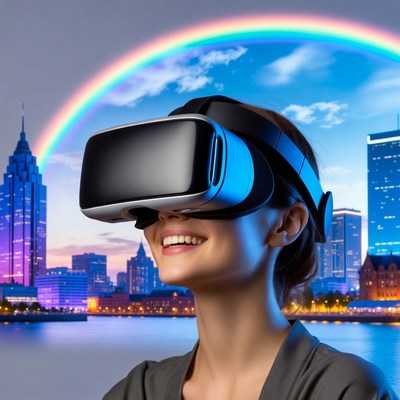 Woman wearing VR headset with rainbow