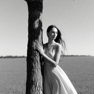 Woman leaning against tree in field