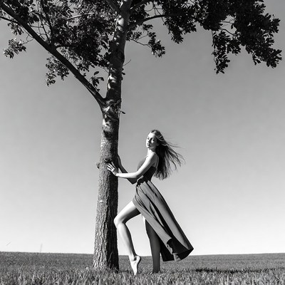 Woman hugging tree in field
