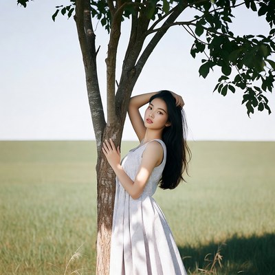 Asian woman leaning against tree