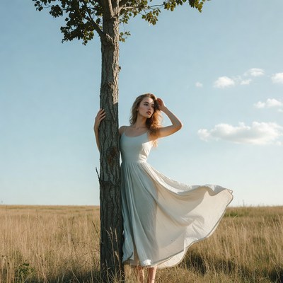Woman in white dress leaning on tree