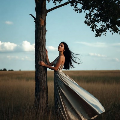 Asian woman embracing tree in field