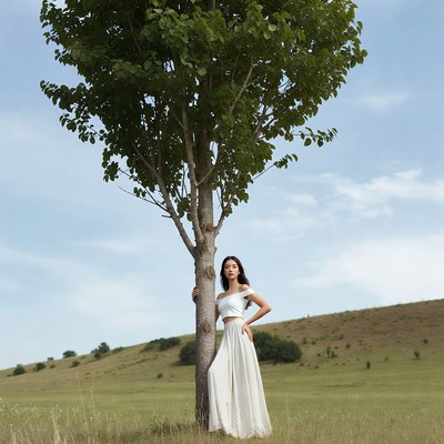 Asian woman leaning against tree