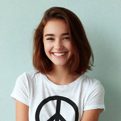 Smiling girl in peace sign t-shirt