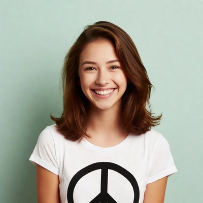 Smiling girl with peace sign shirt