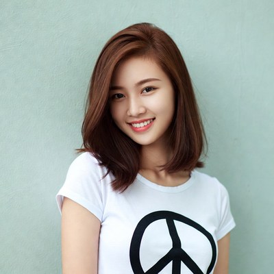 Asian woman smiling in peace sign t-shirt
