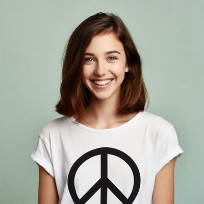 Teen girl smiling in peace sign t-shirt