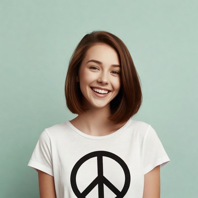 Smiling woman in peace sign t-shirt