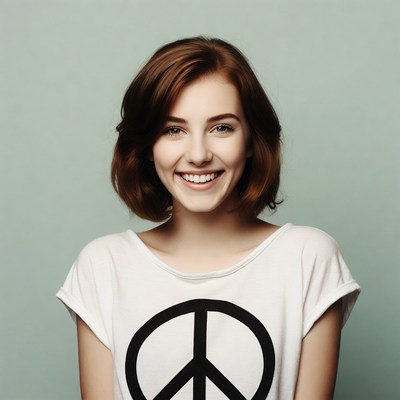 Smiling woman in peace sign t-shirt