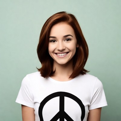 Smiling woman in peace sign t-shirt