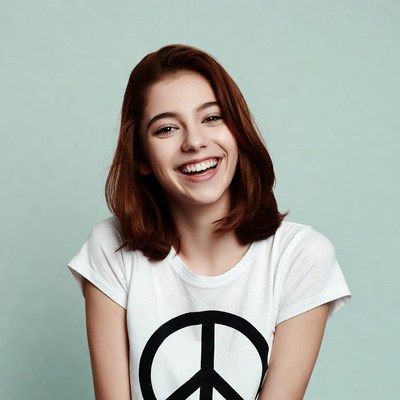 Smiling girl with peace sign shirt
