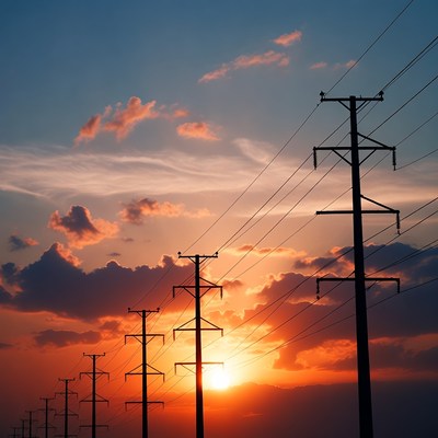 Power lines silhouetted against sunset