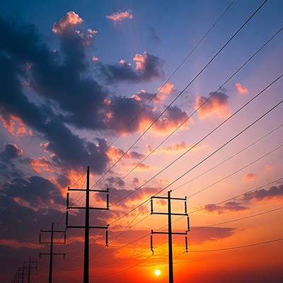 Power lines silhouetted against sunset sky