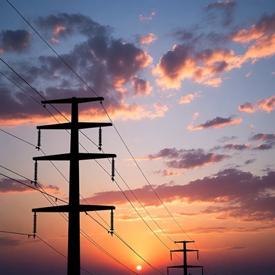 Power lines silhouetted against sunset