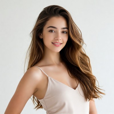 Smiling woman in beige slip dress