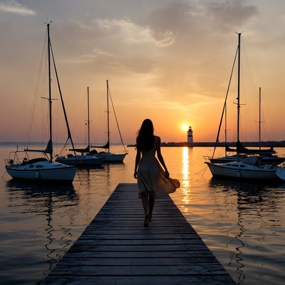 Woman walking on pier at sunset