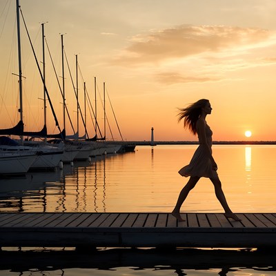 Woman walking on dock at sunset