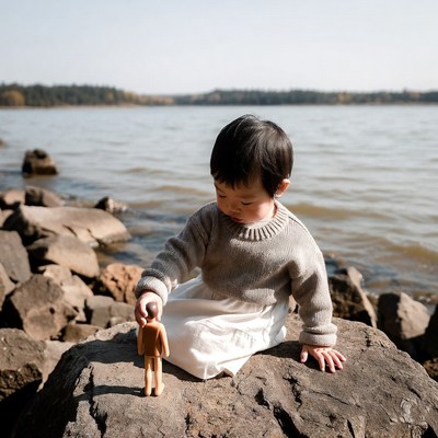 Asian baby playing with wooden toy by lake