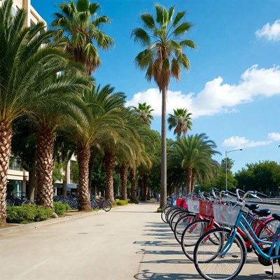 Row of Colorful Bikes Palm Trees Beach Promenade