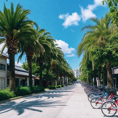 Palm Tree Lined Street with Bike Rack