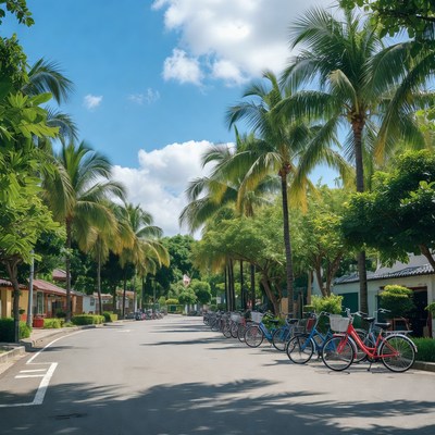 Palm-Lined Street with Colorful Bikes