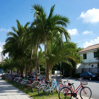 Colorful bicycles parked under palm trees