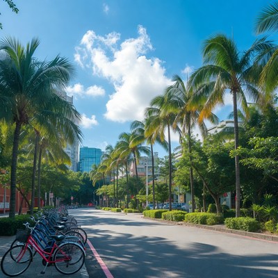 Palm trees lining urban bike parking street