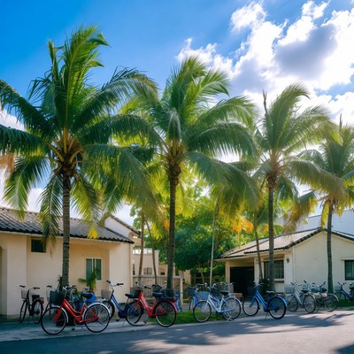 Colorful Bikes Parked Under Palm Trees