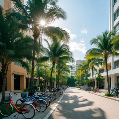 Palm trees lining sunny bike parking street