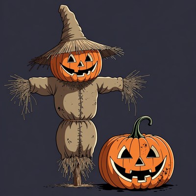 Scarecrow with pumpkin on dark background