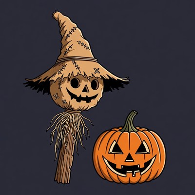 Scarecrow and Jack-o-Lantern Illustration