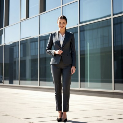Business woman in suit by glass building