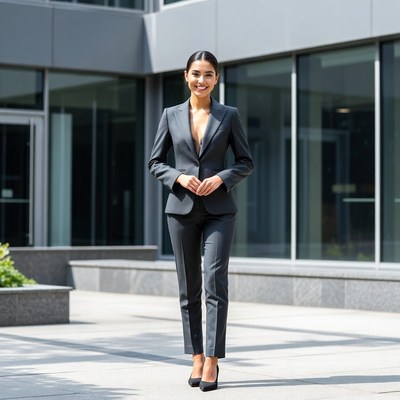 Asian woman in gray suit outside building