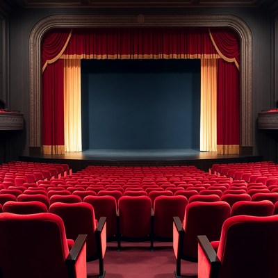 Empty Theater Stage with Red Seats