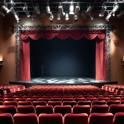 Empty Theater Stage with Red Curtains