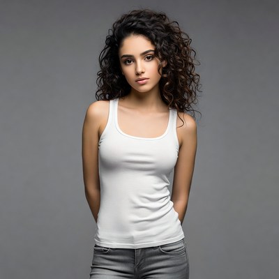 Woman with curly hair in white tank top